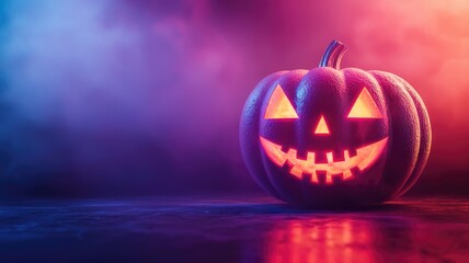 Illuminated Jack-o'-Lantern with Glowing Eyes and Mouth in a Purple and Blue Foggy Background