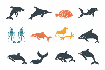 Obraz premium A collection of 12 simple illustrations of sea creatures, including dolphins, a fish, a scorpion, a seahorse, and a whale tail.
