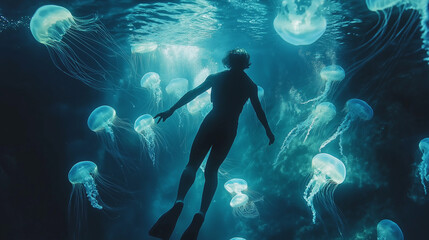 Fototapeta premium Free Diver Surrounded by Jellyfish in a Bioluminescent Bay
