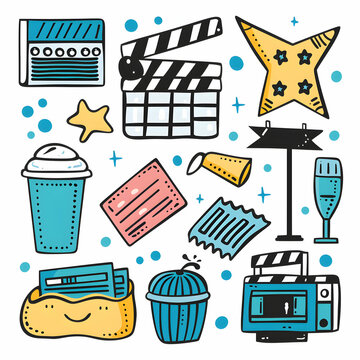 Hand-drawn doodle icons representing movie night, featuring popcorn, tickets, clapperboard, and a star.