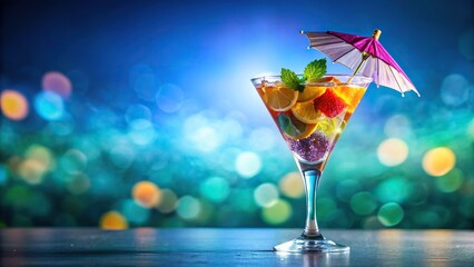 A transparent plastic drink umbrella standing upright in a colorful cocktail glass filled with fizzy drink and garnishes, creative cocktails, whimsical decor, outdoor barware