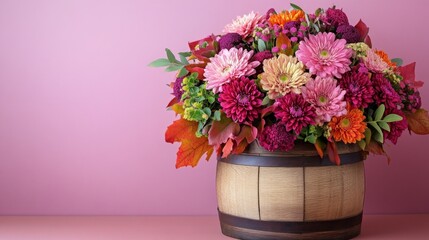 Fototapeta premium A vibrant bouquet of autumn flowers is elegantly arranged in a wooden barrel, set against a soft pink background, creating a cheerful ambiance