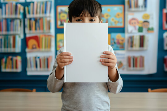 Portrait of a happy child hiding behind a book mockup education concept	
