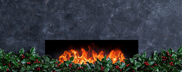 Obraz premium Cozy indoor Yule log fire framed by lush garlands of mistletoe, creating warm and festive atmosphere perfect for holiday season