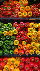 Arranged display of bell peppers in various colors red, yellow, green, orange