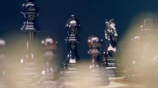 Lacquered chess pieces sparkle in the ray of light and the light source creates a beautiful rainbow flare. Closeup. Shot in motion