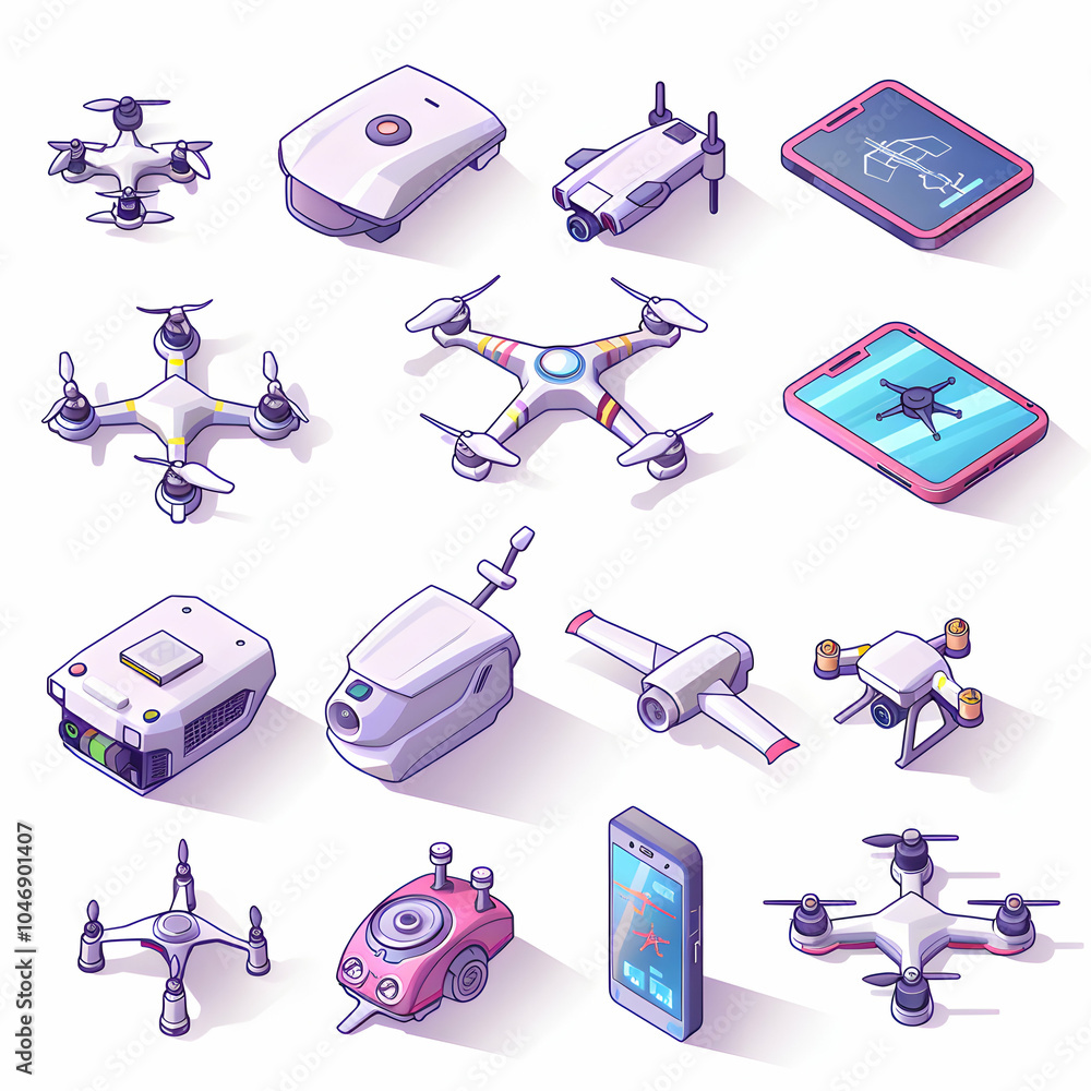 Poster a set of 14 isometric illustrations depicting various drone models and their accompanying smartphone