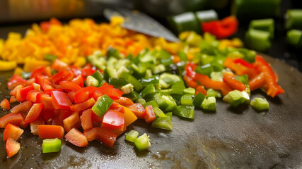 chopped bell peppers on a grill