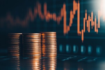 Stacks of golden coins on a stock market background with a growing graph and candlestick chart, a financial concept. 