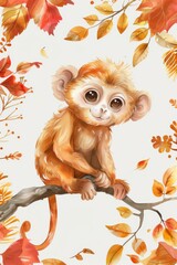 Watercolor Cute Autumn Monkey Clipart Sublimation