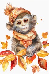 Watercolor Cute Autumn Monkey Clipart Sublimation