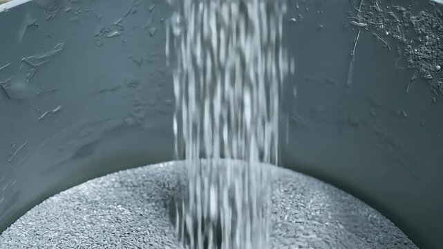 Witness fascinating process filling tank plastic granules production parts polyethylene compound grey poured container captured slow motion 4K clarity pvc bead chemical chemistry chromium