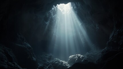 Light rays shining down into a dark cave, rocky surfaces with shadows, natural scenery and textures of stone, ethereal atmosphere, a mystical place with hidden depths and wonders