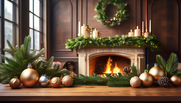 Christmas decorations adorn a wooden table with a fireplace centerpiece. _1(203)