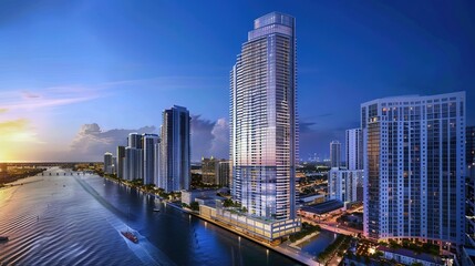 Obraz premium Modern Skyscraper Building with Green Landscaping and Blue Sky