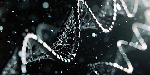 Emphasizing the importance of precision in microscopic DNA analysis, using a sharp contrast of light and dark, with the DNA strands appearing as silver threads against a black background.