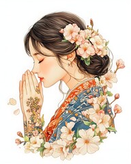 Naklejka premium Vintage watercolor of Japanese woman with flowers.