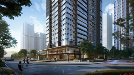 Modern Skyscraper Building with Green Landscaping and Blue Sky