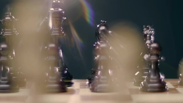 Lacquered chess pieces sparkle in the ray of light and the light source creates a beautiful rainbow flare. Closeup. Shot in motion