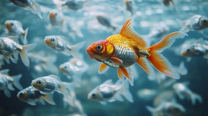 Fototapeta premium A bold goldfish stands out in a sea of identical silver fish, swimming confidently in a glass tank, illuminated by soft underwater light