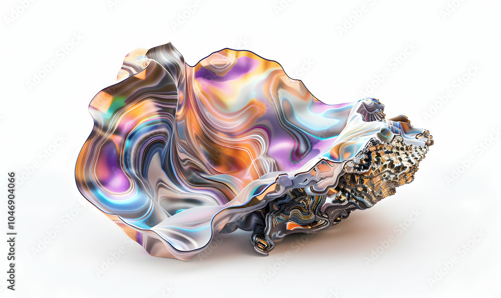 Poster abstract iridescent seashell with intricate patterns and textures on a white background.