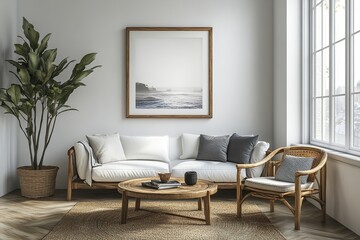 Fototapeta premium Mockup frame in a home interior setting, featuring a white room with a natural wooden table and decor.