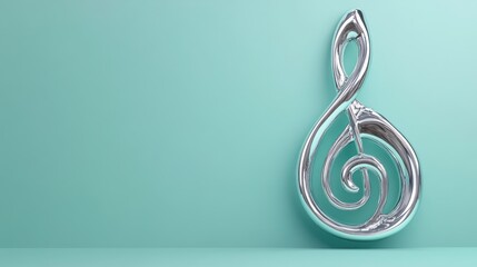 Obraz premium Shiny silver G-clef with musical notes on a sea green background, AI generated image