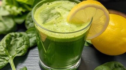 Fototapeta premium Smoothie spinach juice garnished with a lemon wedge