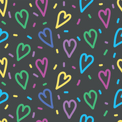 Valentine's Day seamless pattern with colored hearts on a dark background. Vector illustration