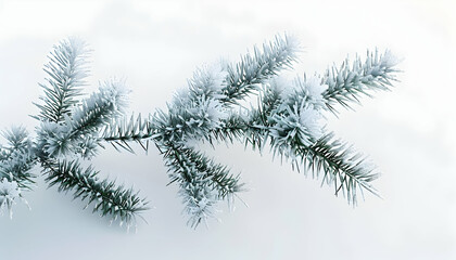 A close-up of a frosted evergreen branch against a white background.