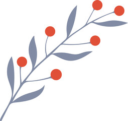 Winter twig, branch hand drawn doodle with red berries,  PNG.