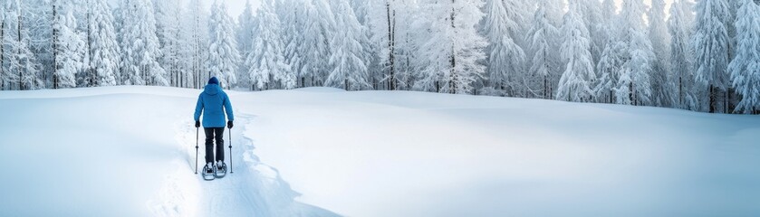 Fototapeta premium A person snowshoeing in a serene winter landscape surrounded by snow-covered trees.