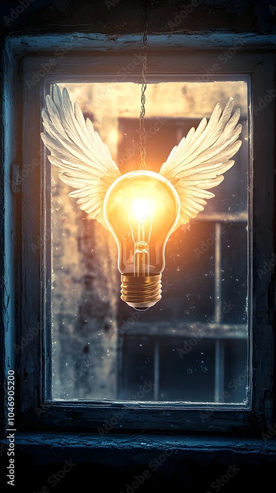 Poster winged light bulb floating above open window symbolizing creativity and limitless potential
