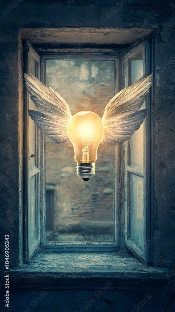 Poster winged light bulb floating above open window symbolizing the freedom and potential of creative ideas