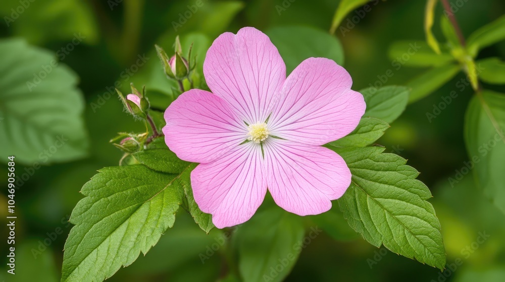 Sticker A vibrant pink flower with a soft white center sits among green leaves, its delicate petals evoking a sense of calm and beauty.