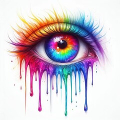 Ai generated A watercolor painting of a single eye shedding rainbow colored tears set against a white background.