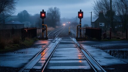Naklejka premium Foggy Railroad Crossing at Dusk with Warning Signals