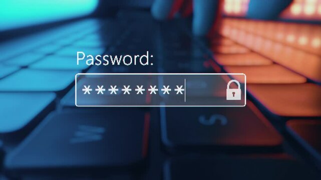 A user enter a password to website form box in internet browser by keyboard. Hacker hacking a personal banking account password on a computer screen. Typing password on login page. Entry pin code