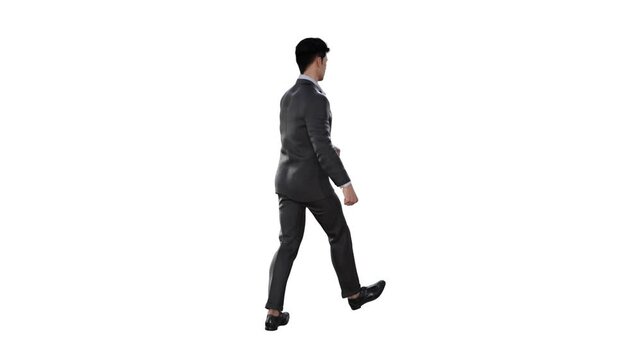 3D render : a male character  is walking , strut around  wearing office uniform, 45 degrees back view
