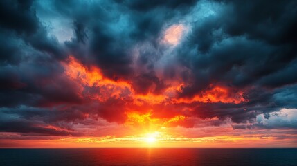 Fototapeta premium A dazzling sunrise cutting through a canopy of grey clouds, flooding the scene with vibrant colors of renewal, a bright contrast against the moody sky