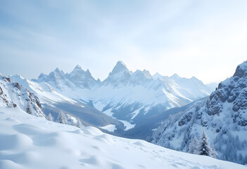 Breathtaking winter mountain landscape with snow-covered peaks and tranquil valleys