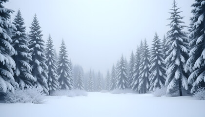 Obraz premium Mystical winter forest with snow-covered pine trees and soft white ground in foggy atmosphere