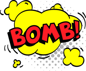 Vibrant comic book explosion with the word bomb exploding from a yellow speech bubble, complete with halftone dots and motion lines, creating a dynamic visual effect