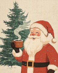 Santa Claus holding a hot cup of coco standing in front of a Christmas tree.
