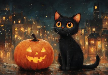 Fototapeta premium Cat Relaxing Beside a Vibrant Pumpkin