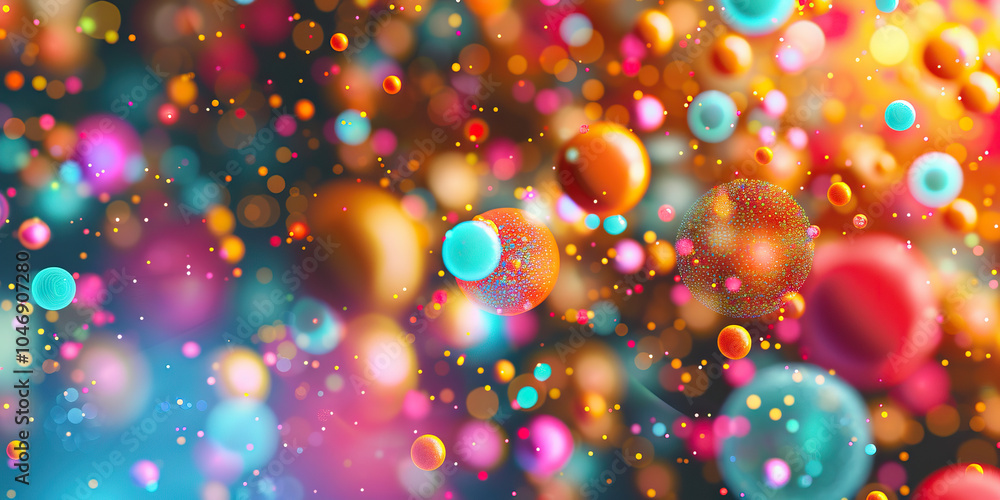 Poster cellular symphony: an abstract representation of cellular activity, featuring colorful dots moving a