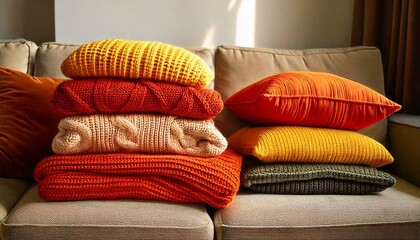 Stack of cozy knit blankets and pillows in warm autumn colors on a neutral sofa