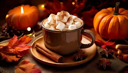 Fototapeta premium Warm mug of hot chocolate topped with marshmallows, surrounded by cinnamon sticks and autumn 