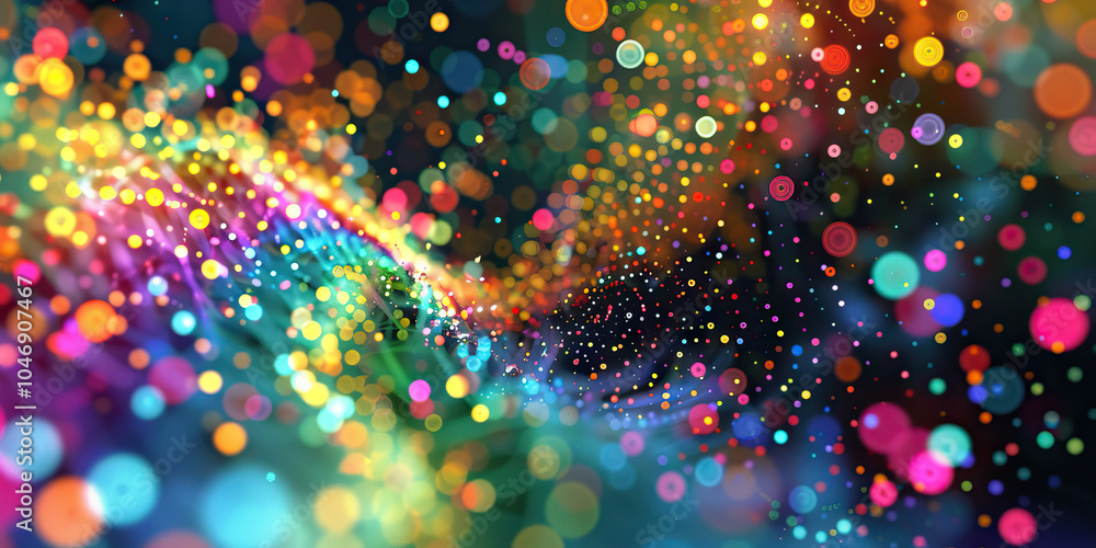 Poster cellular symphony: an abstract representation of cellular activity, featuring colorful dots moving a