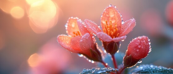 Morning dew glistens on delicate flower buds unfurling, capturing the essence of a fresh start in nature's embrace
